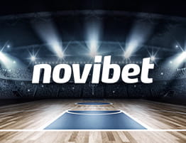 ένα μπάσκετ στιγμιότυπο και το λογότυπό του Novibet