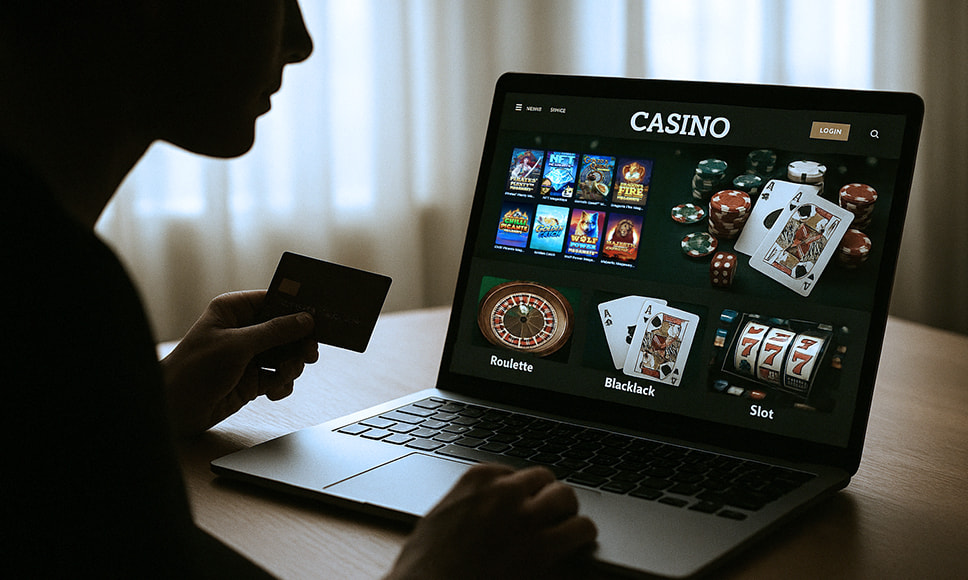 Χρήστης παίζει σε online καζίνο με κάρτα πληρωμής και εμφανή παιχνίδια όπως ρουλέτα και μπλάκτζακ.