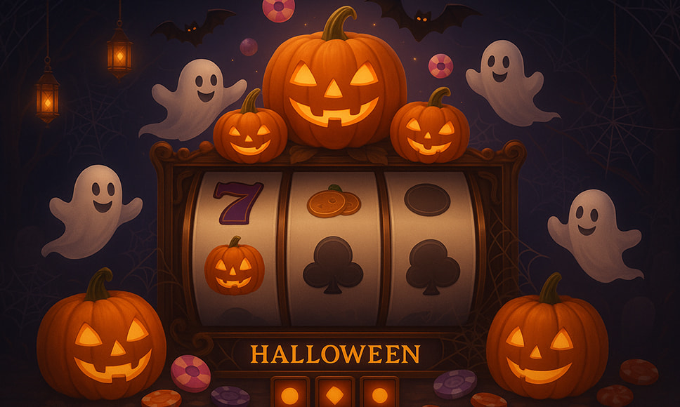 A festive Halloween-themed online casino scene showing a digital interface Halloween decorations like pumpkins, ghosts, and cobwebs.